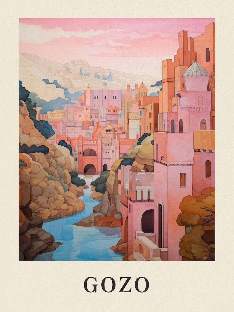 Gozo Malta 2 Vintage Pink Travel Illustration Poster