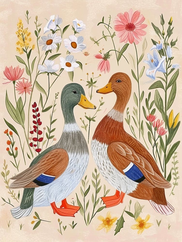 Folksy Floral Animal Drawing Duck 2