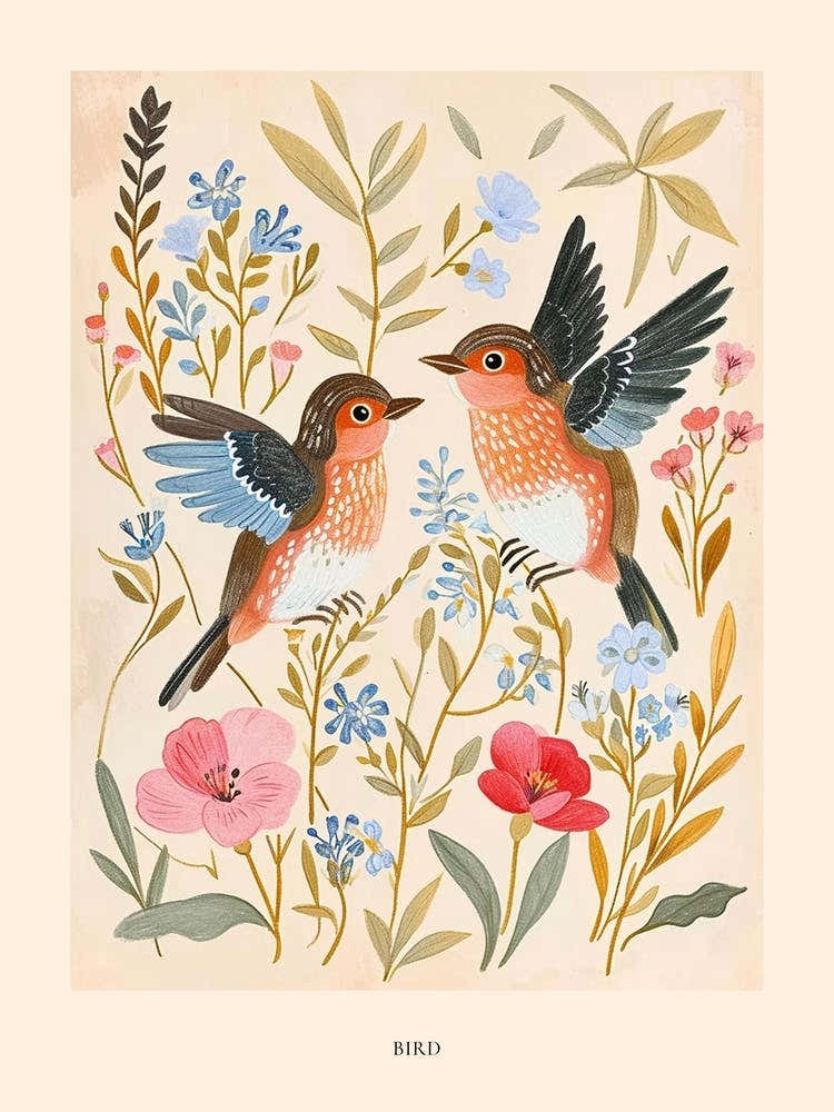 Folksy Floral Animal Drawing Bird 3 Poster