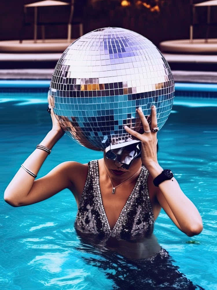 Woman Pool Disco Ball Fashion Photography 1