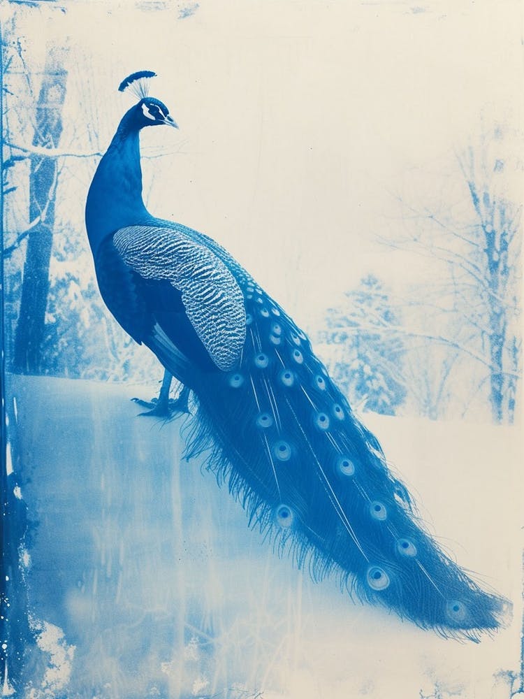 Cyanotype Inspired Peacock Snow Scene 2