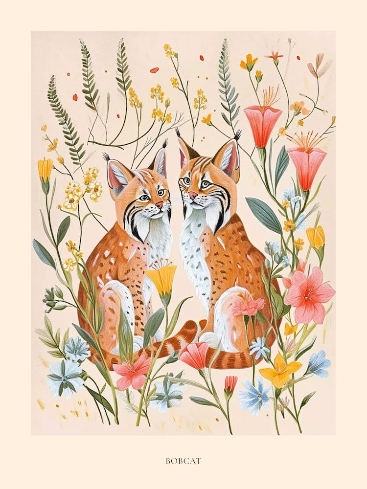 Folksy Floral Animal Drawing Bobcat 3 Poster
