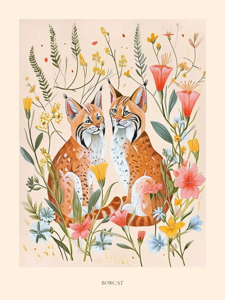 Folksy Floral Animal Drawing Bobcat 3 Poster
