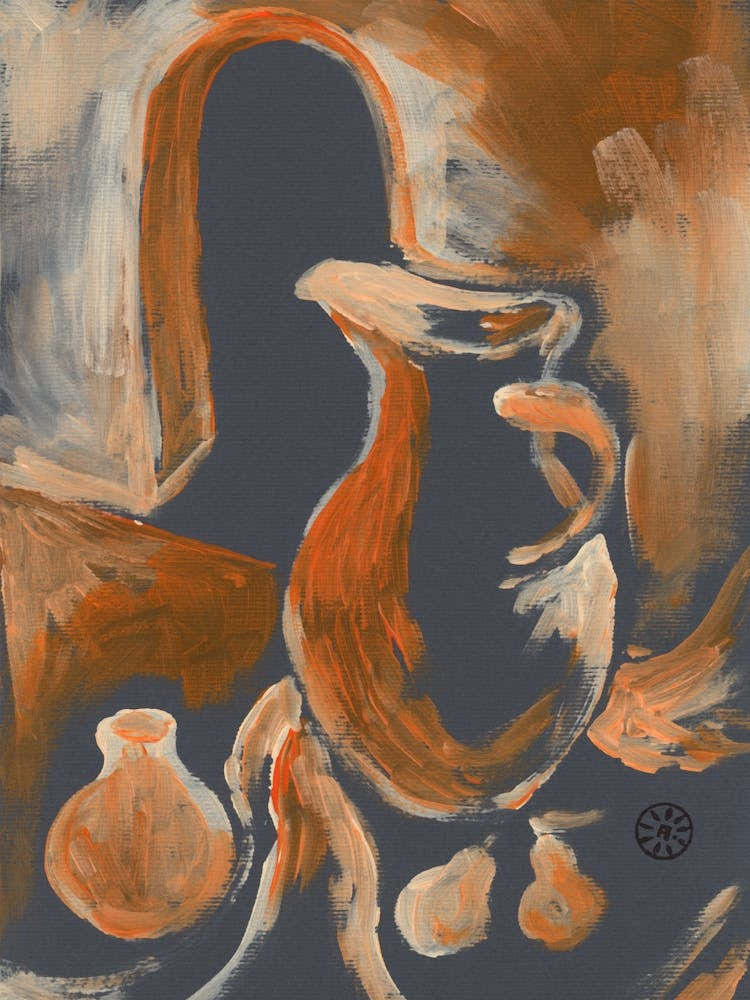 Arch And Jug - hand painted vertical still life food kitchen art jug pears gray beige