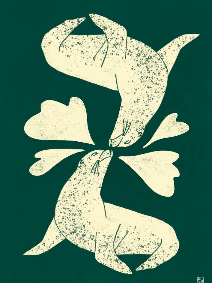 Seals In Love On Green Background