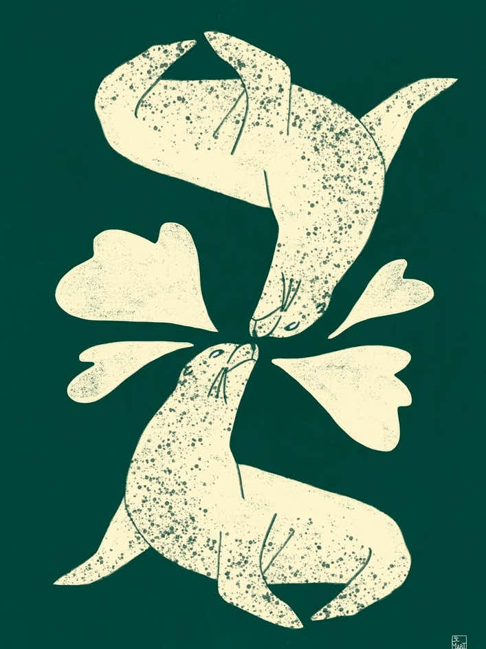 Seals In Love On Green Background