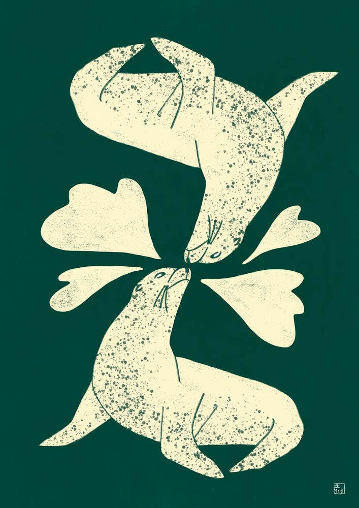 Seals In Love On Green Background