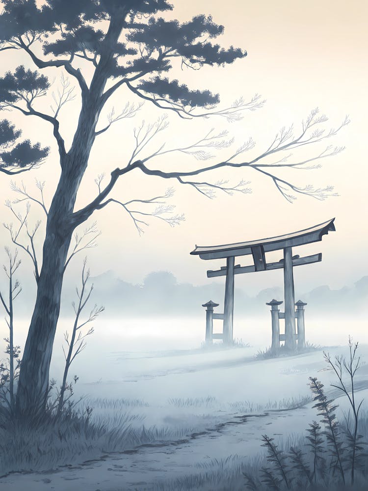 Minimalist Ink Sketch Of A Distant Torii Gate In