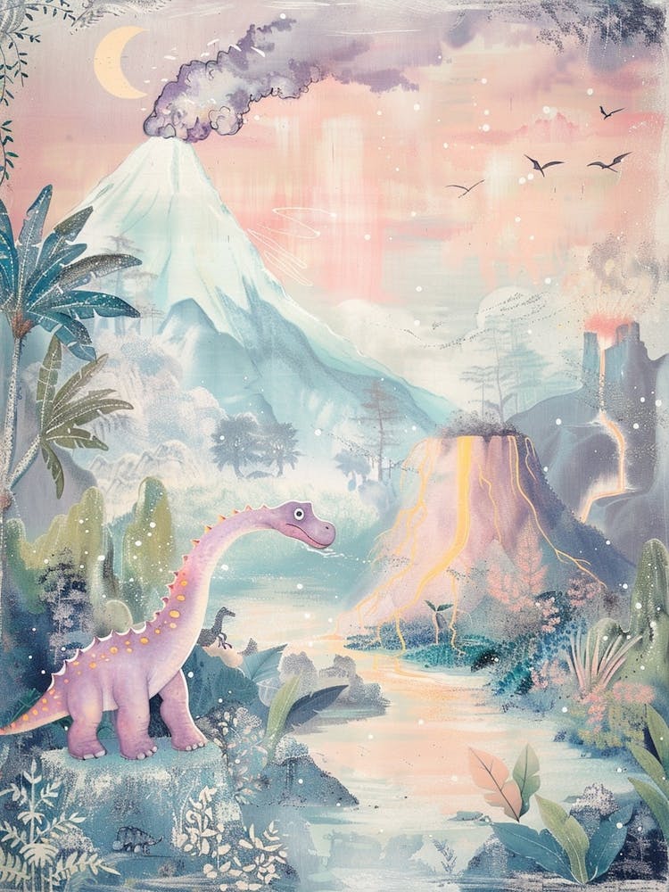 Purple Dinosaur & A Volcano Storybook Painting