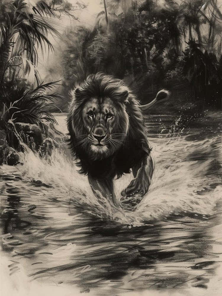 African Lion Charcoal Drawing Crossing A River 4