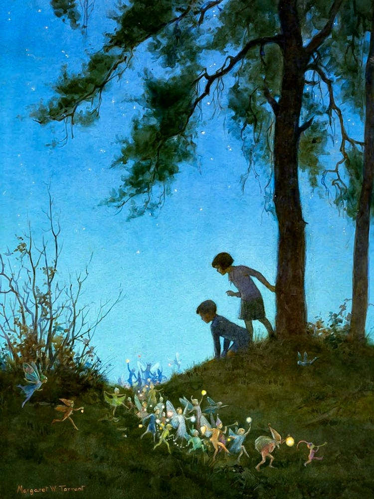 Twilight Procession c1923 by English Illustrator Margaret Tarrant (1988-1959) Fully remastered HD art prints (signed left bottom corner) - Blue Midnight Fairytale Fairycore Cottagecore 1920s Golden Age of Illustration Perfect