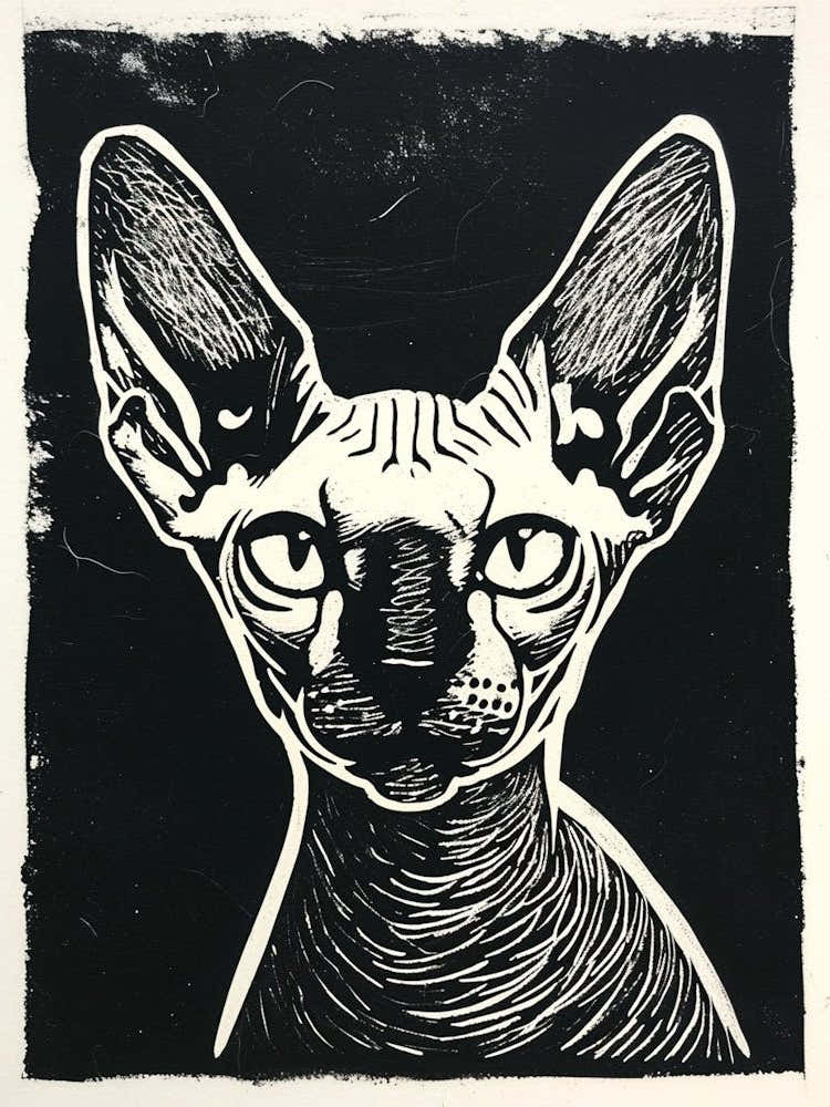 Sphynx Cat Linocut Blockprint 3