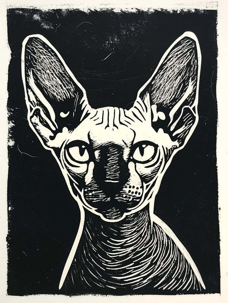 Sphynx Cat Linocut Blockprint 3