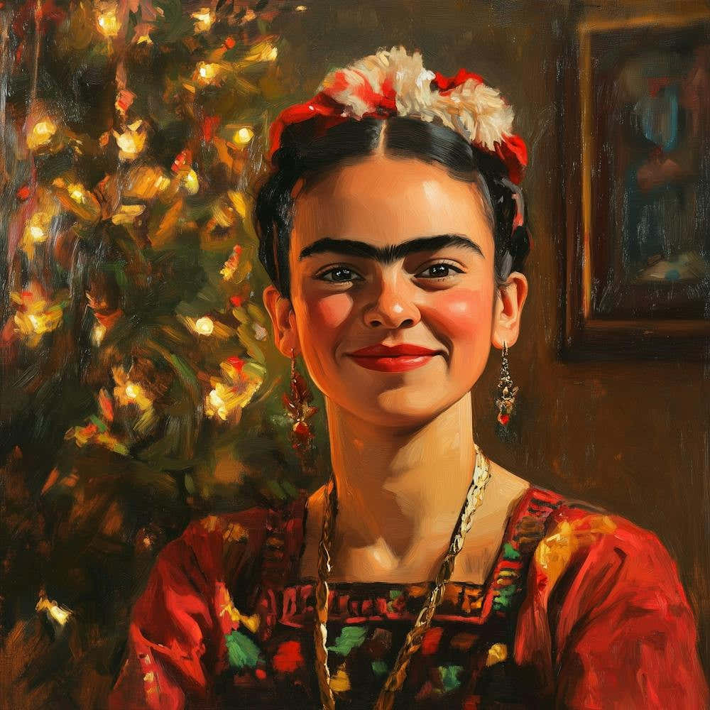 Frida Kahlo Frohe Weihnachten, Malerei mit Weihnachtsbaum