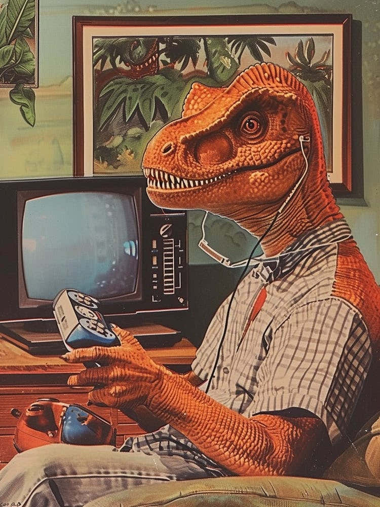 Retro Collage Dinosaur Playing Video Games 2