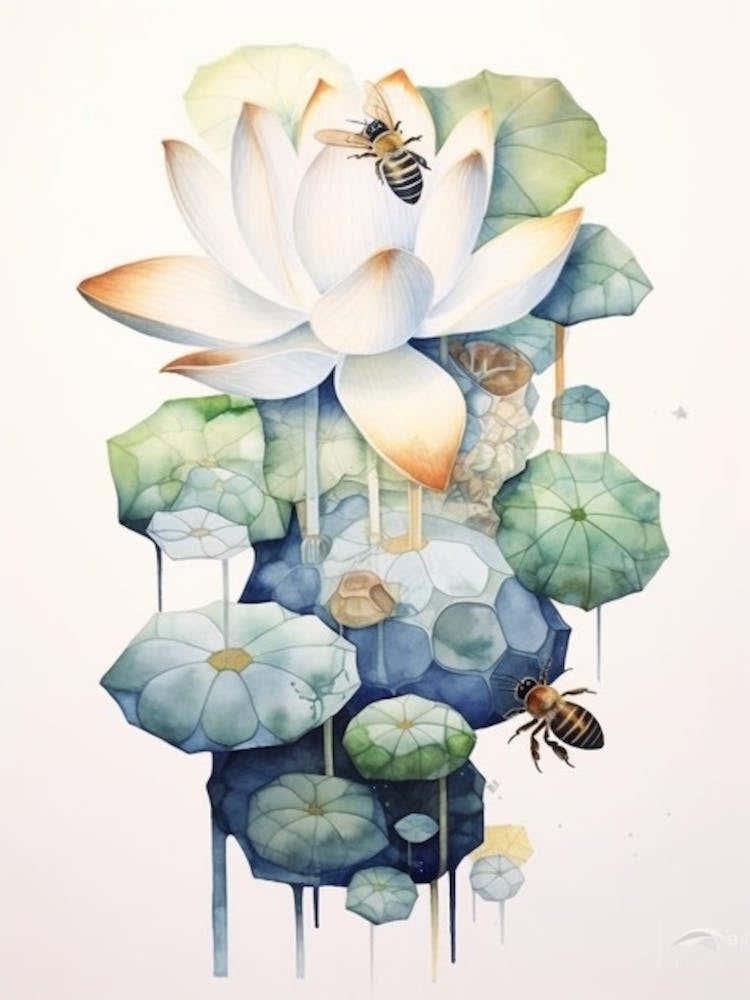 Beehive With Lotus Watercolour Illustration 3