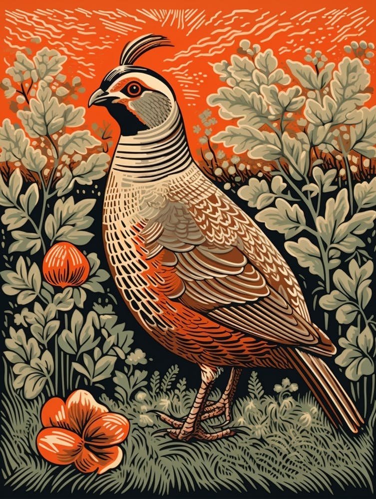Vintage Bird Linocut Partridge 4