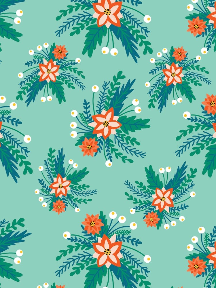 Red and White Poinsettia Flower Clusters with Berries on Aqua Green