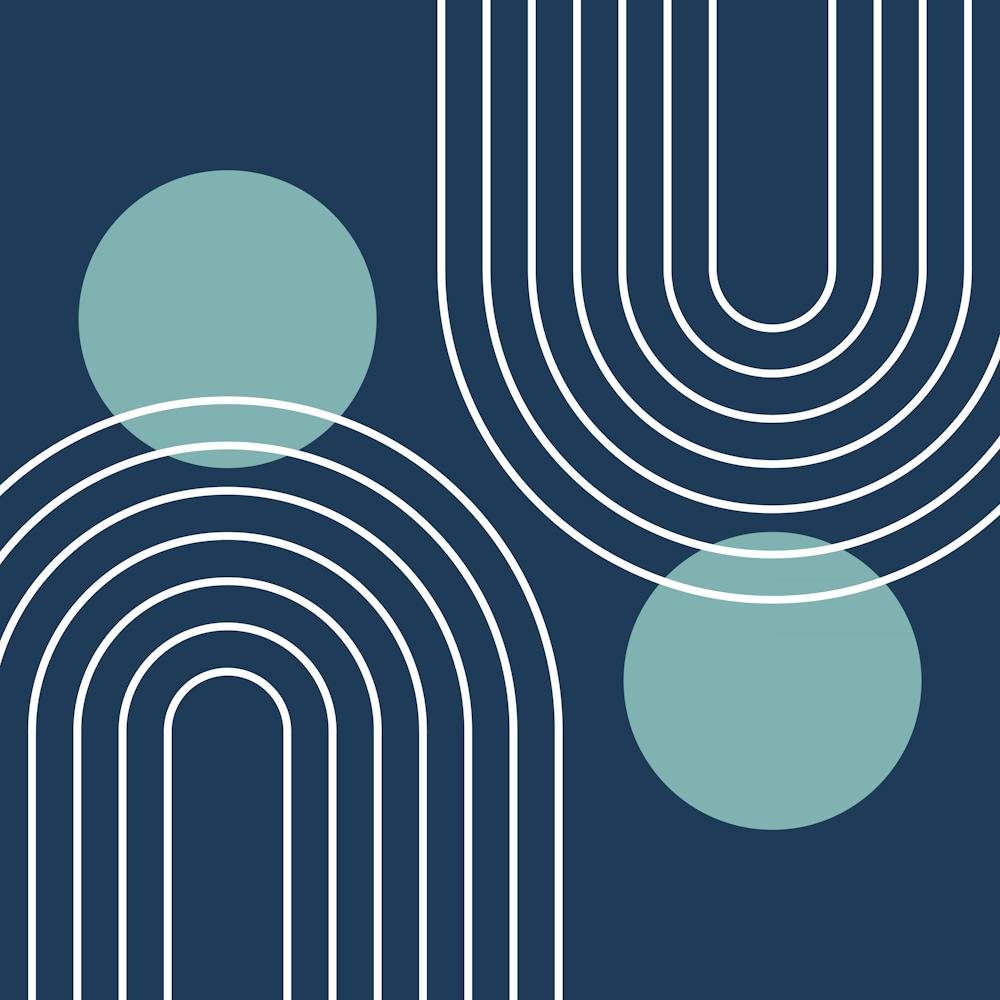 Mid Century Modern Geometric B14 In Navy Blue And Turquoise (Rainbow And Sun Abstract) 02
