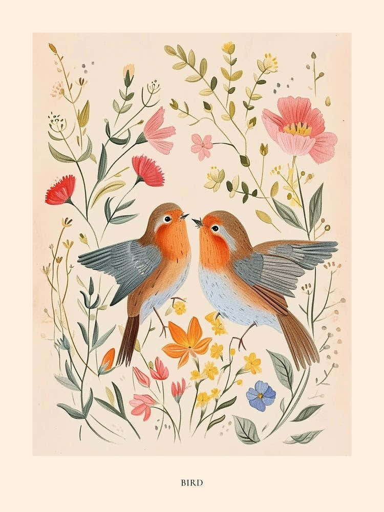 Folksy Floral Animal Drawing Bird Poster