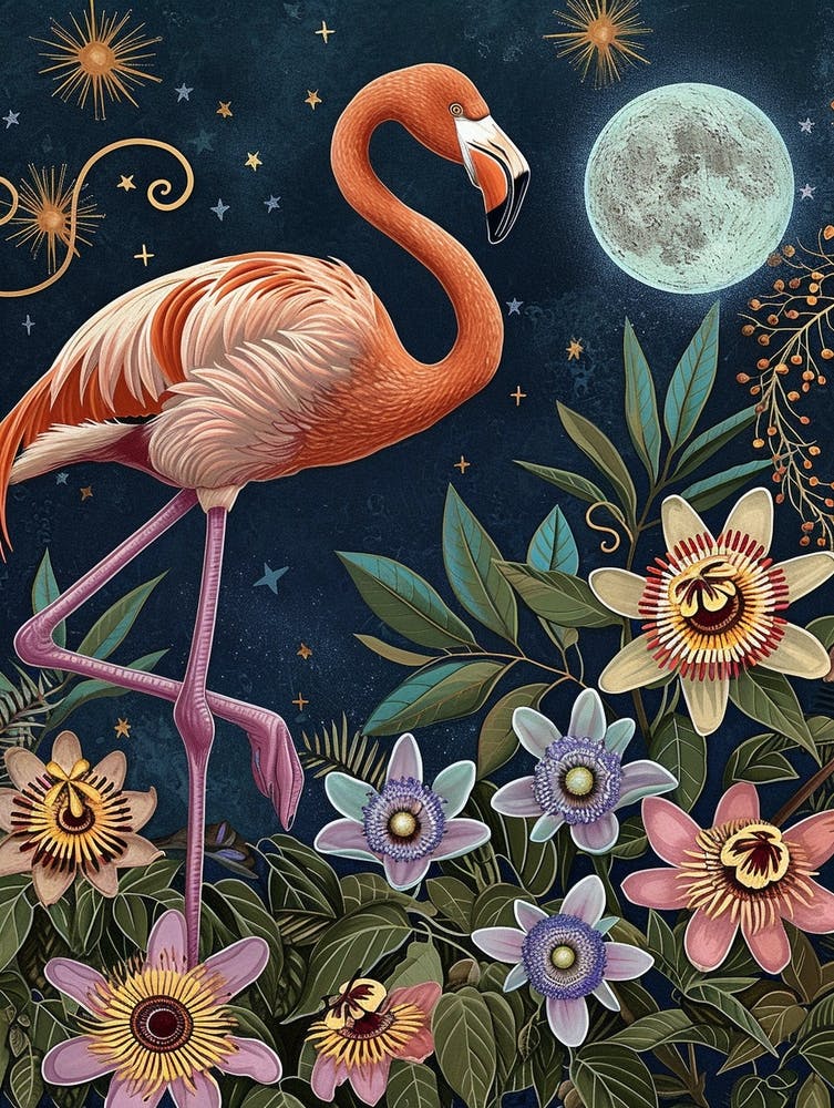 Greater Flamingo And Passionflowers Boho Print 1