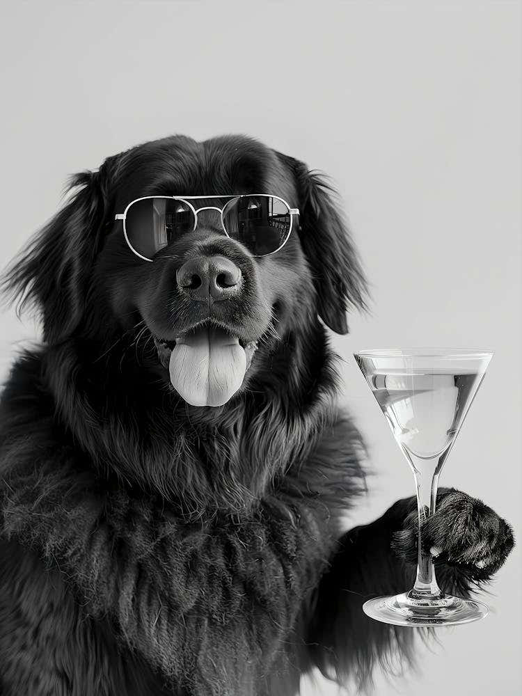 Newfoundland Dog Holding Cocktail Wall Art, Black And White Print, Dog Gift, Martini Alcohol Print, Funny Dog Poster, Bar Cart Decor
