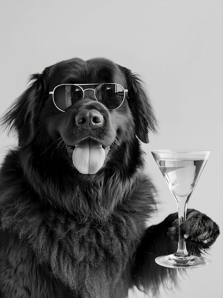 Newfoundland Dog Holding Cocktail Wall Art, Black And White Print, Dog Gift, Martini Alcohol Print, Funny Dog Poster, Bar Cart Decor