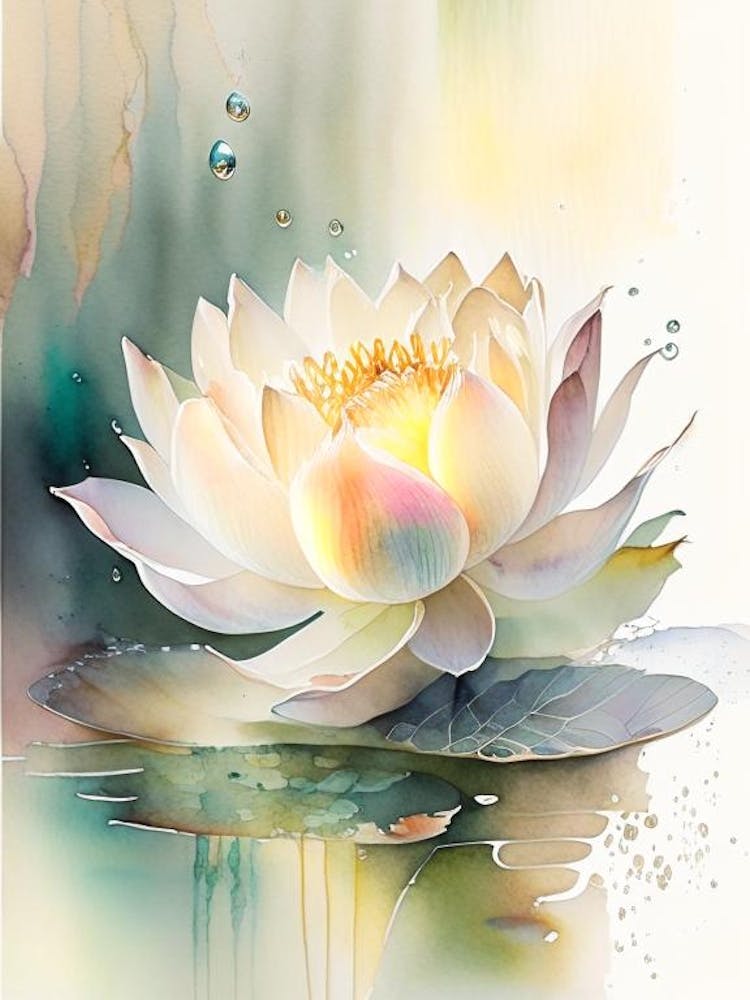 Blooming Lotus Flower In Pond Storybook Watercolour 4