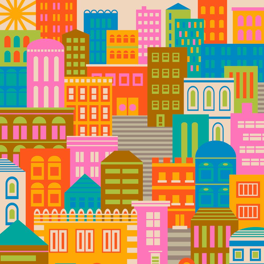 CITY LIGHTS BY DAY Vintage Travel Poster Square Layout with Geometric Architecture Buildings in Bright Rainbow Colours Orange Yellow Pink Green Blue Brown Cream on Cream