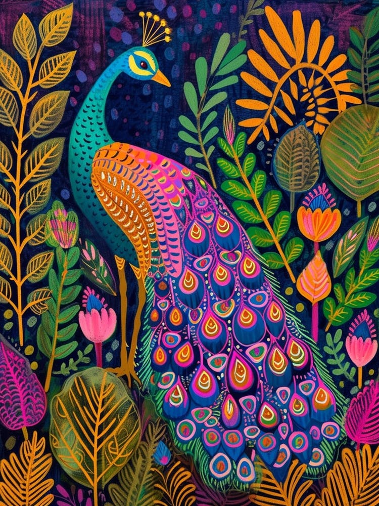 Folky Floral Peacock With The Plants 3