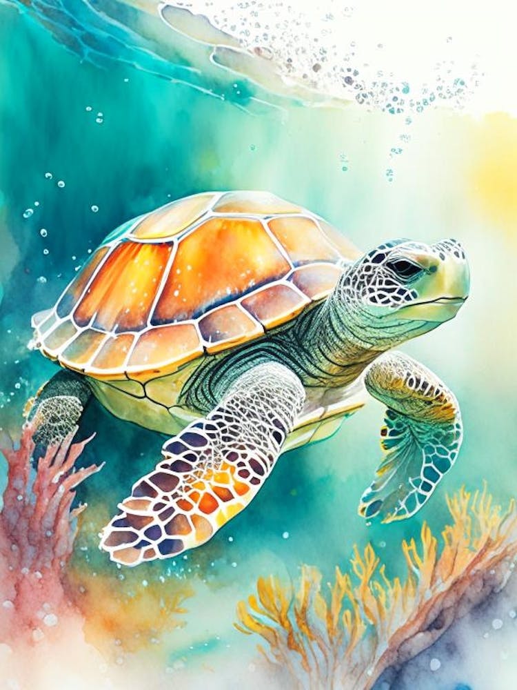 A Single Sea Turtle In Coral Reef, Sea Turtle Storybook Watercolours 3