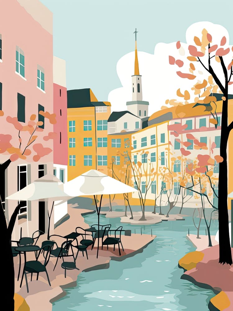Tampere, Finland, Flat Pastels Tones Illustration 4