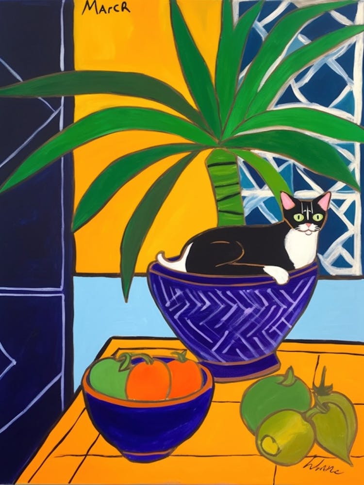 A Painting Of A Still Life Of A Bird Of Paradise With A Cat In The Style Of Matisse 4