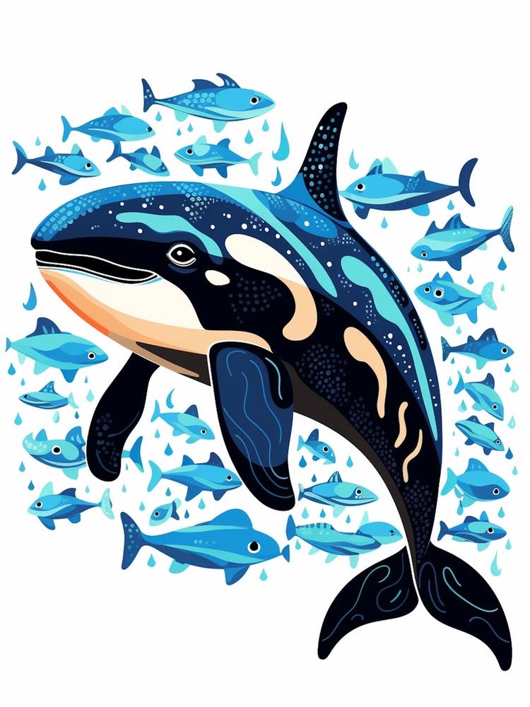 Orca Whale Pattern With Fish Blue 2