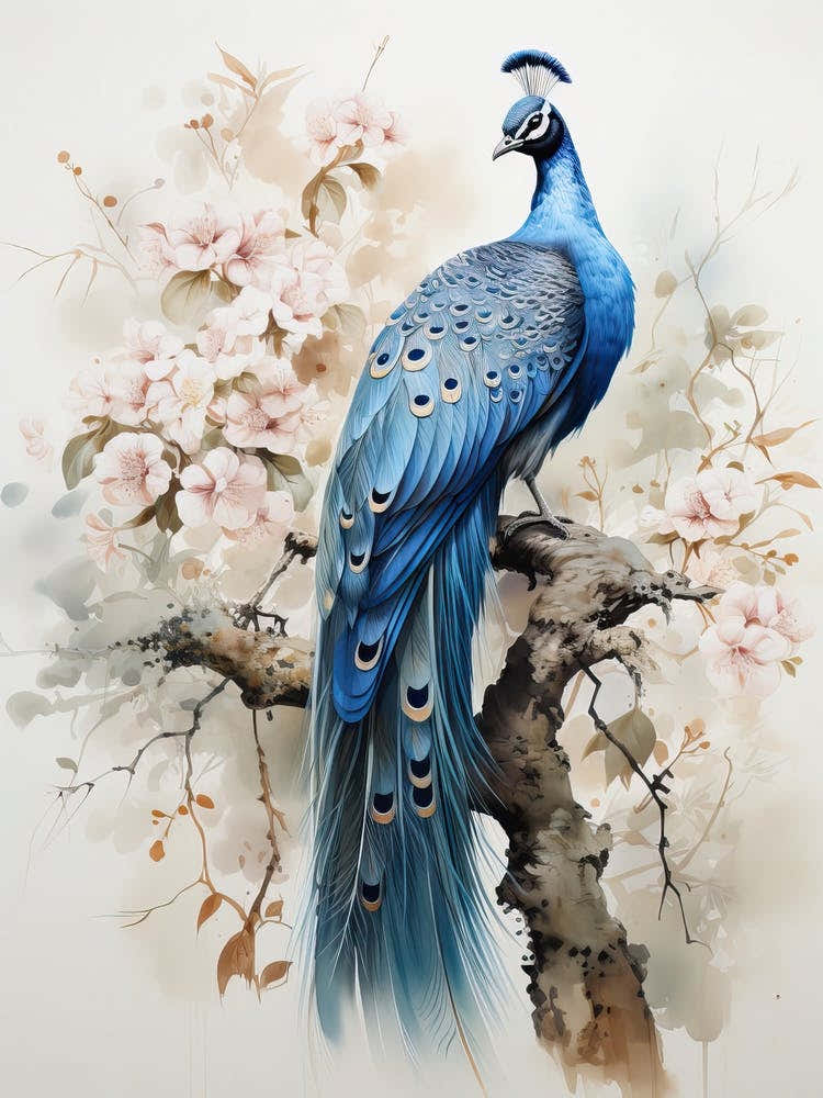 Peacock, Japanese Brush Painting, Ukiyo E, Minimal 3