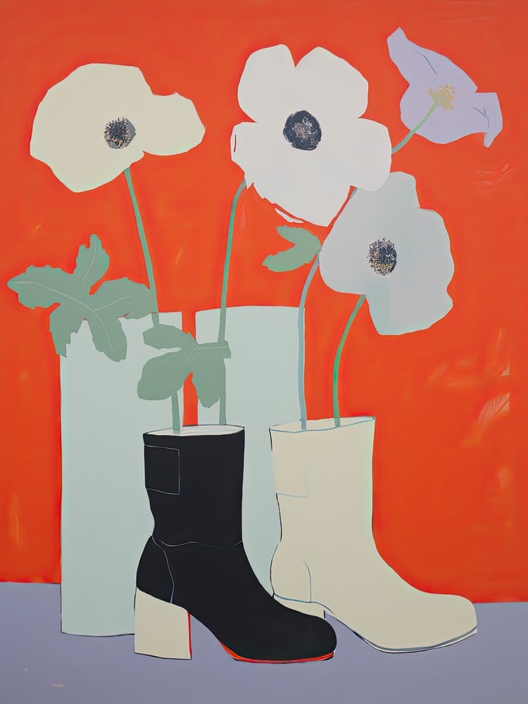 A Painting Of Cowboy Boots With Poppy Flowers, Pop Art Style 1