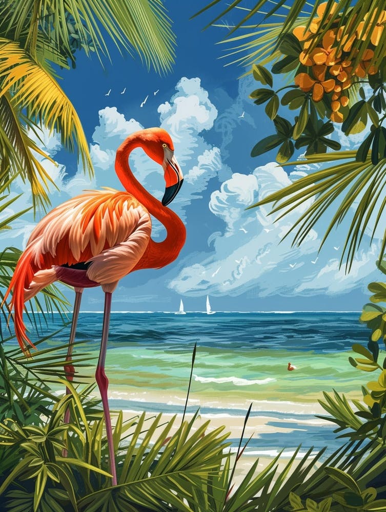 Greater Flamingo Celestun Yucatan Mexico Tropical Illustration 5