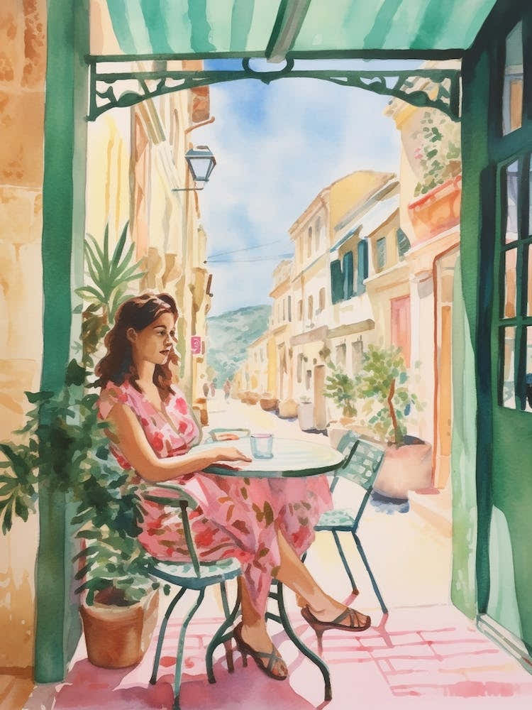 At A Cafe In Gozo Malta Watercolour