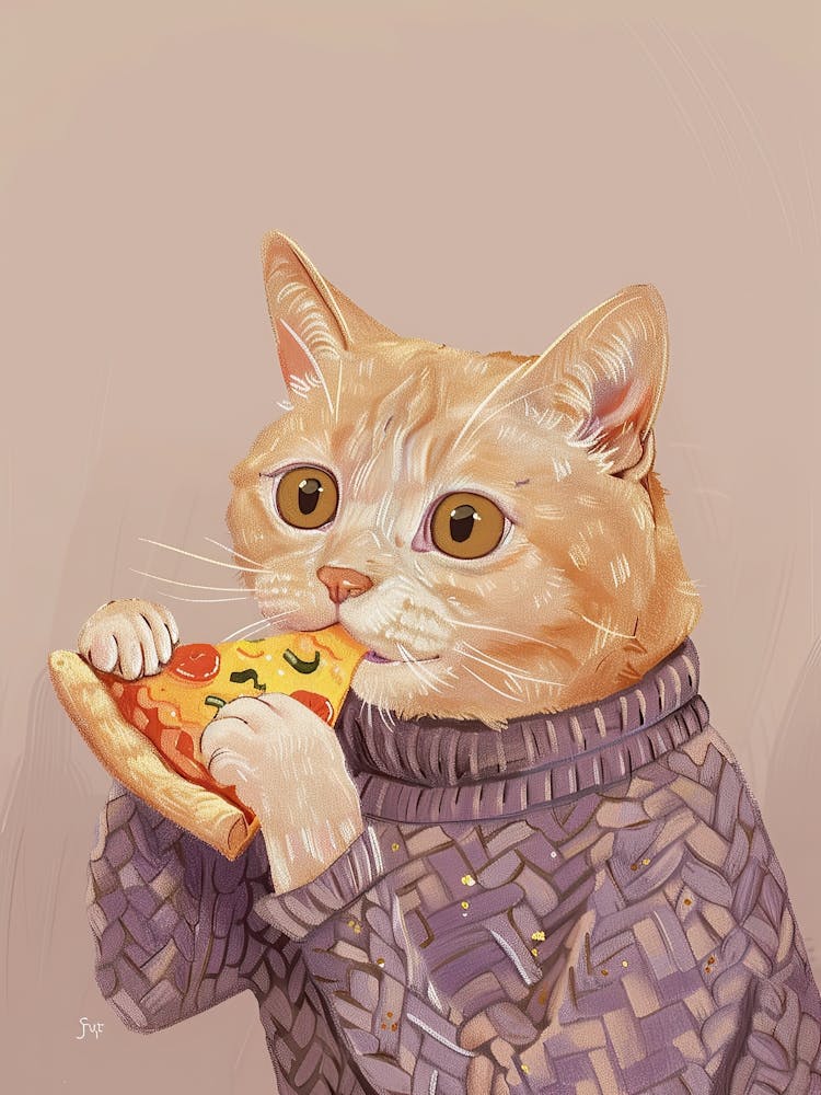 Cat In A Sweater Pizza Lover Folk Illustration 3