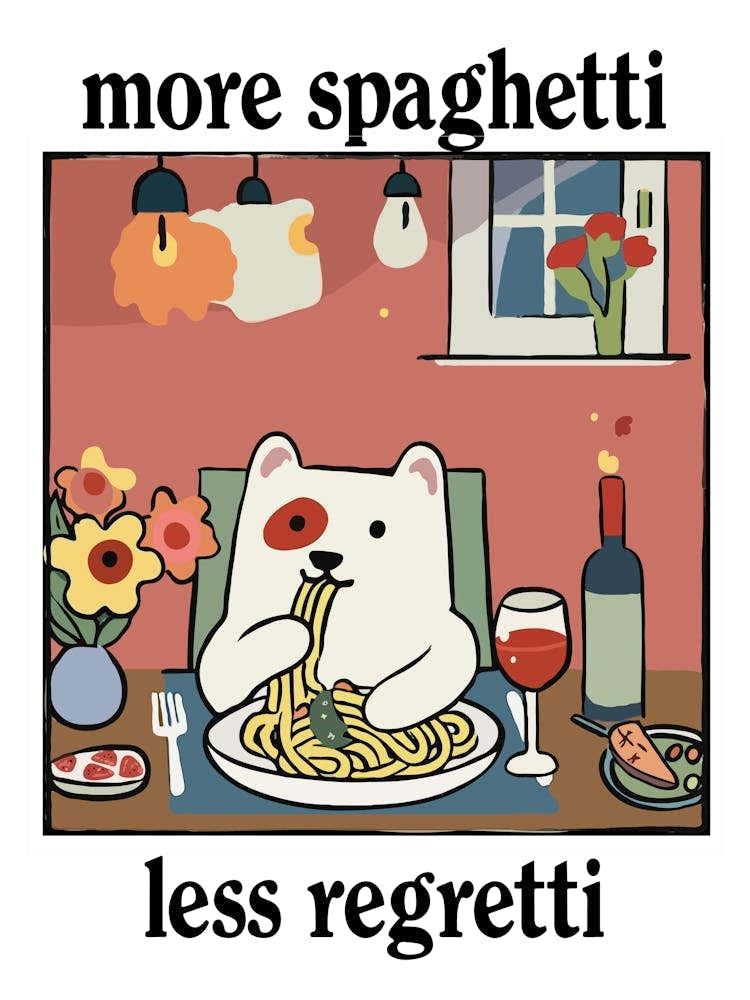 More Spaghetti Less Regretti White Dog Print Retro Diner Poster Cartoon Dining Pasta Posters, Italian Kitchen