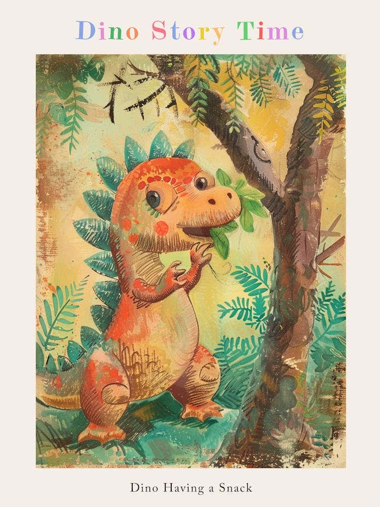 Cute Stegosaurus Eating Leaves Pencil Crayon Illustration Poster