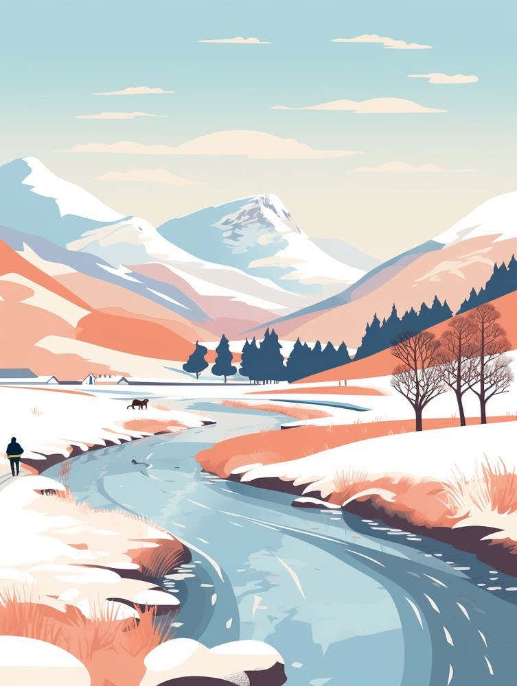 Vintage Winter Travel Illustration Lake District United Kingdom 2