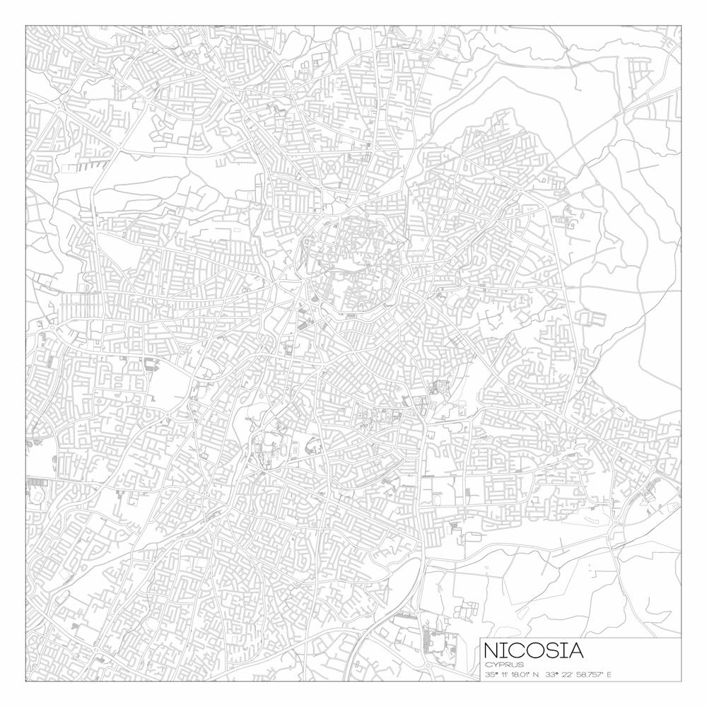 Nicosia, Cyprus, City Map Black On White Blueprint Design