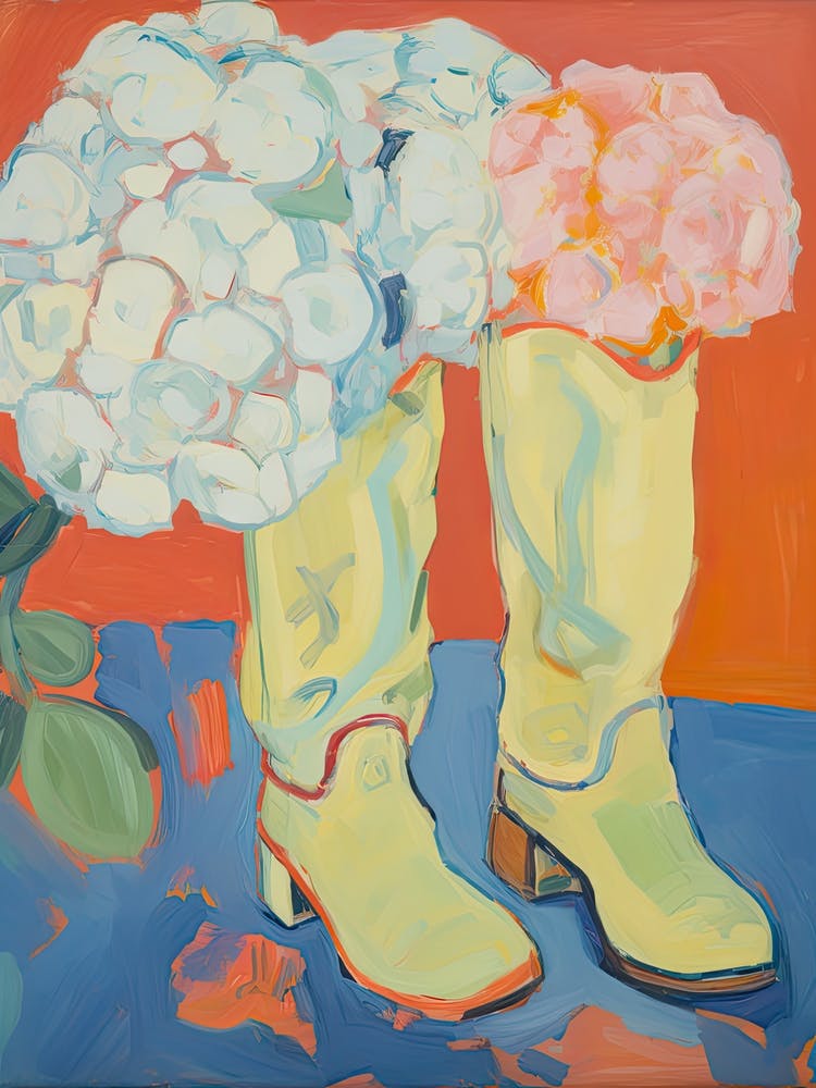 Painting Of White Flowers And Cowboy Boots, Oil Style 8