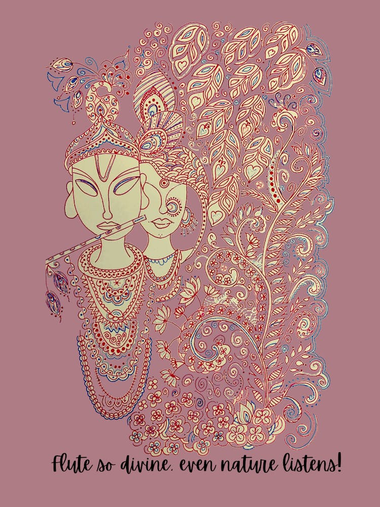 Radha Krishna, pen and ink drawing in red colour, solid background with quirky text -Flute So Divine even nature listens, by DollyJ