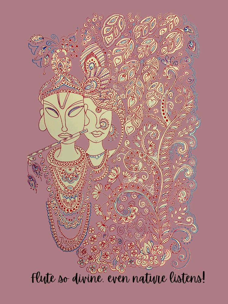 Radha Krishna, pen and ink drawing in red colour, solid background with quirky text -Flute So Divine even nature listens, by DollyJ