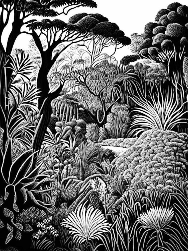 Kirstenbosch Botanical Gardens, South Africa Linocut Black And White Vintage