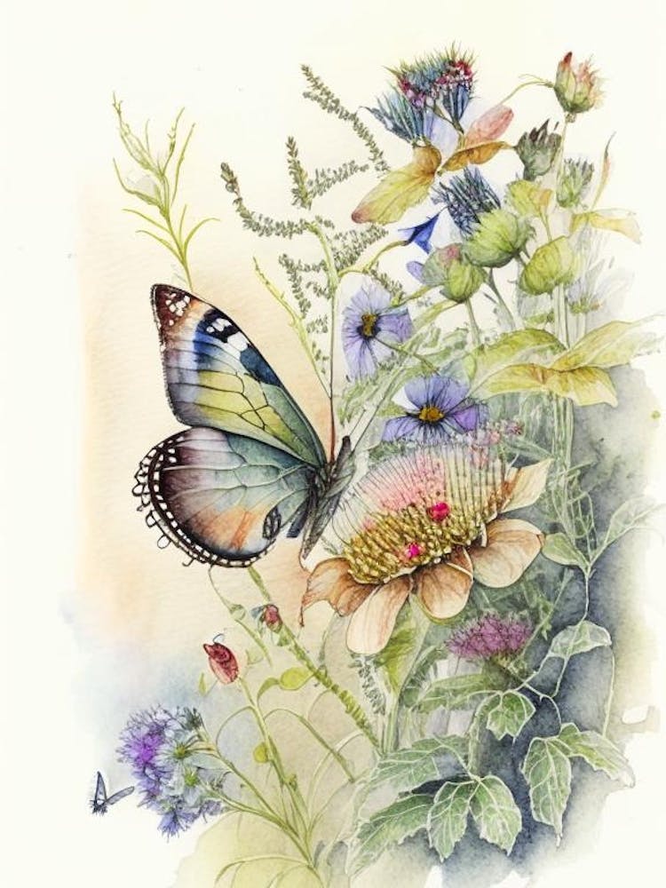 Butterfly In Garden Watercolour Ink 1