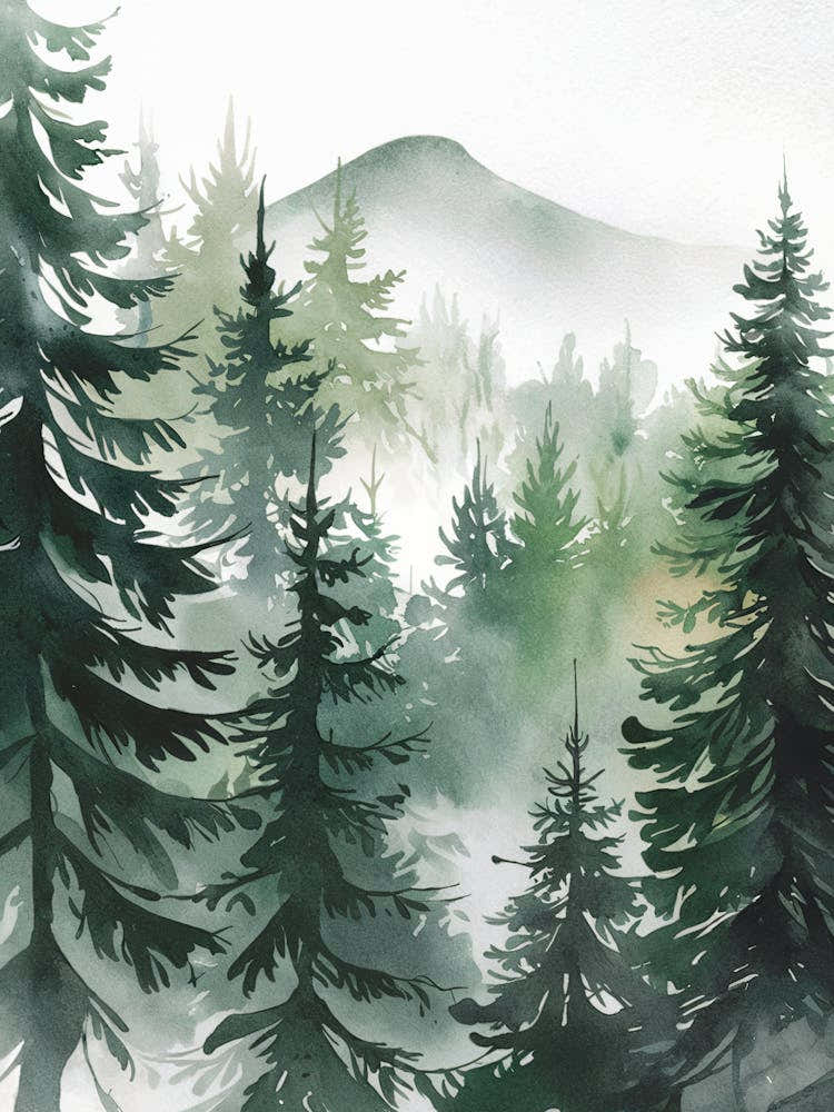 Minimalist Watercolor Art: Foggy forest with tall pines and a distant mountain, evoking tranquility and natural beauty.