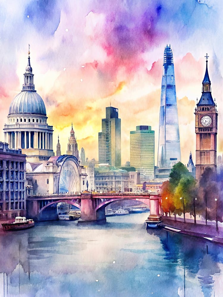 London Skyline Watercolor Painting